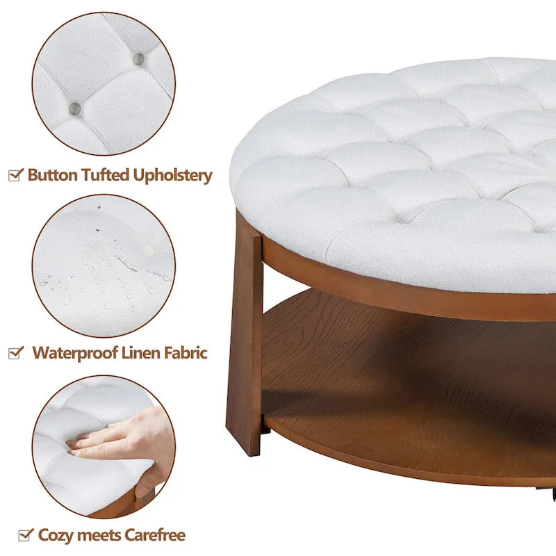 Modern Large Round Ottoman Coffee Table 2-Tier Oversized Button Tufted Ottoman with Wood Shelf Storage Upholstered Coffee Table