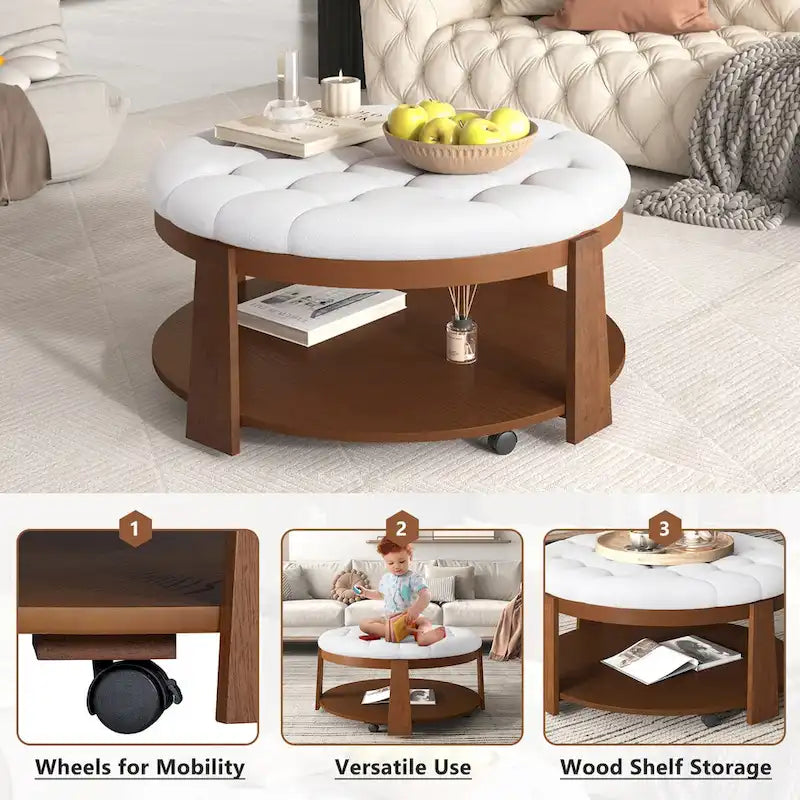 Modern Large Round Ottoman Coffee Table 2-Tier Oversized Button Tufted Ottoman with Wood Shelf Storage Upholstered Coffee Table